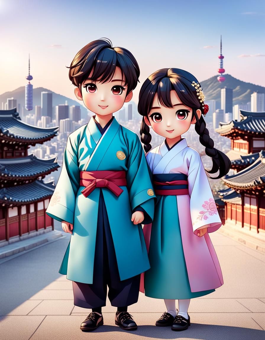 Chibi Couple in Traditional Korean Dress