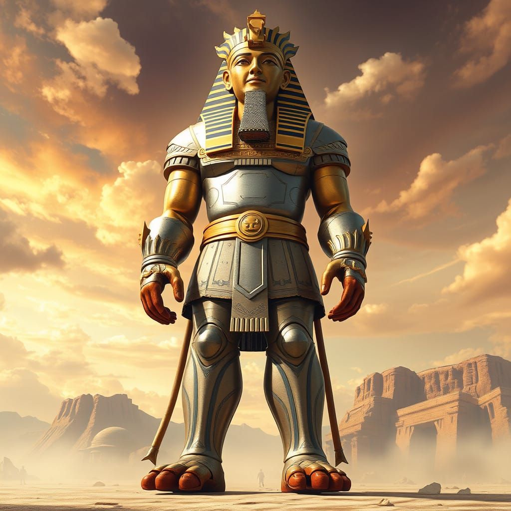 Magnificent Colossal Statue of an Ancient Warlord in a Deser...