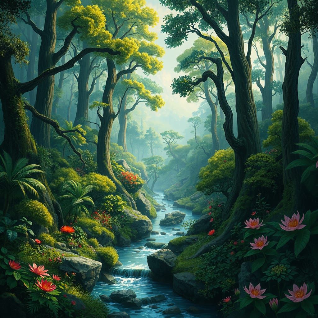 Lush Forest in Dark Fantasy Gouache Style