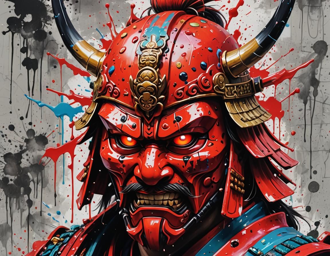 Samurai with Red Mask in Graffiti Art Style