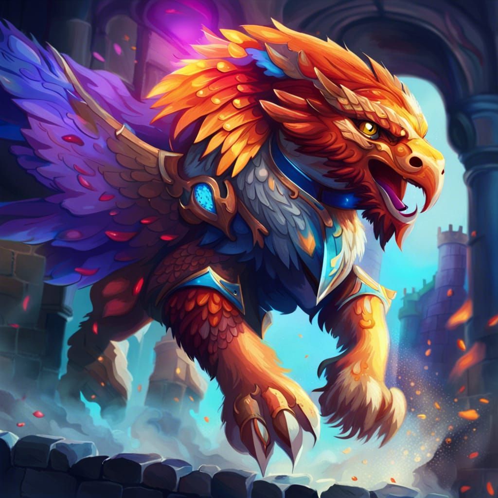 Fiery Griffin Shatters Castle Wall: Concept Art