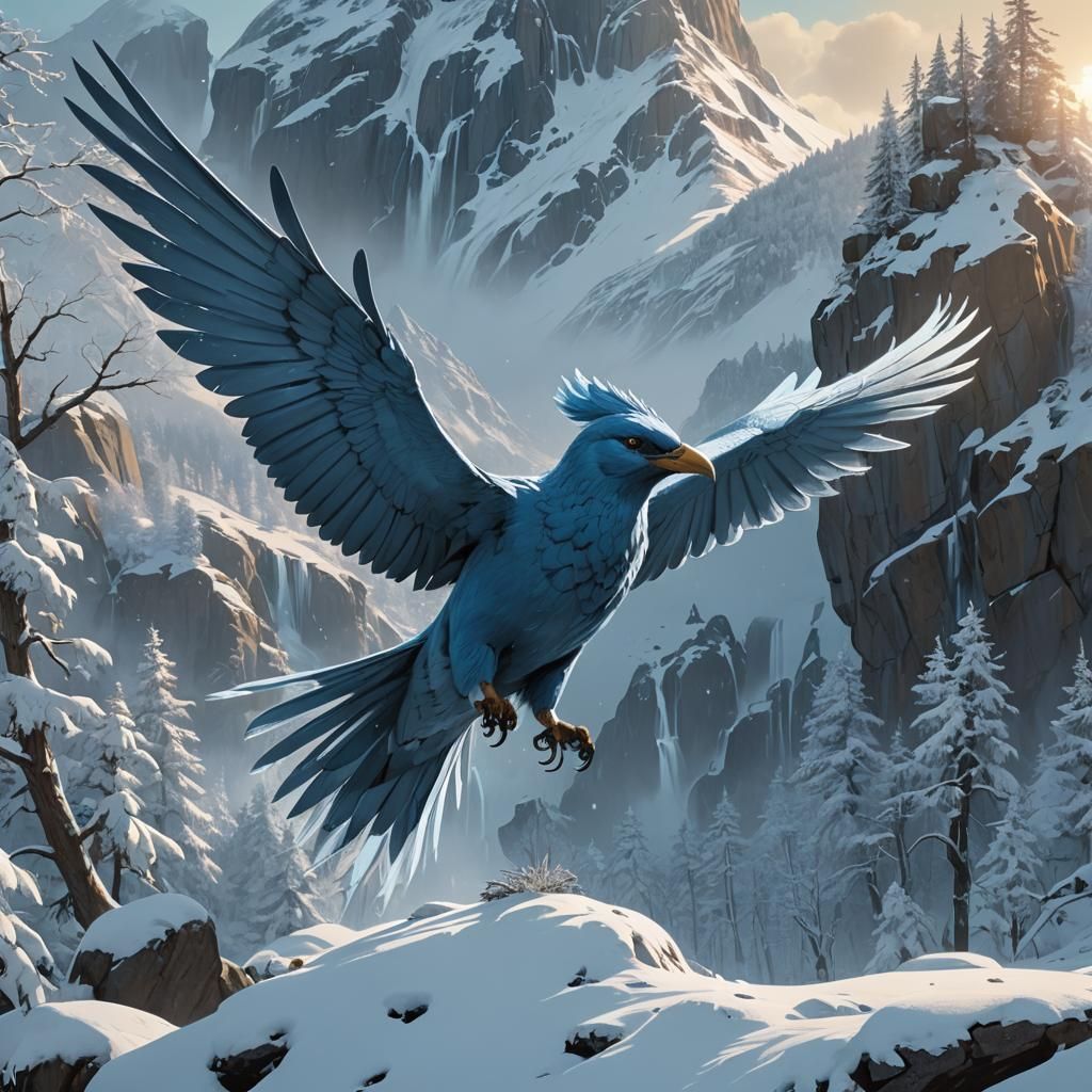 Majestic Blue Bird in Snowy Mountain Landscape