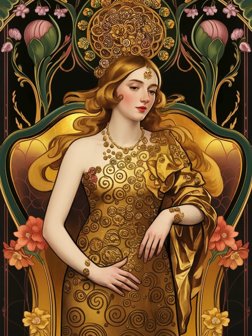 Woman with Golden Hair in Art Nouveau Style