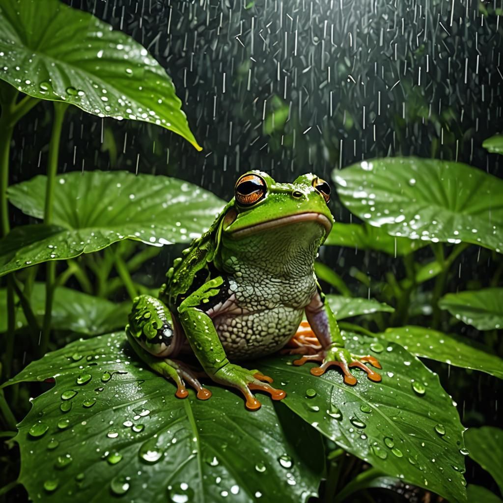 Frog Under Leaf on a Rainy Night