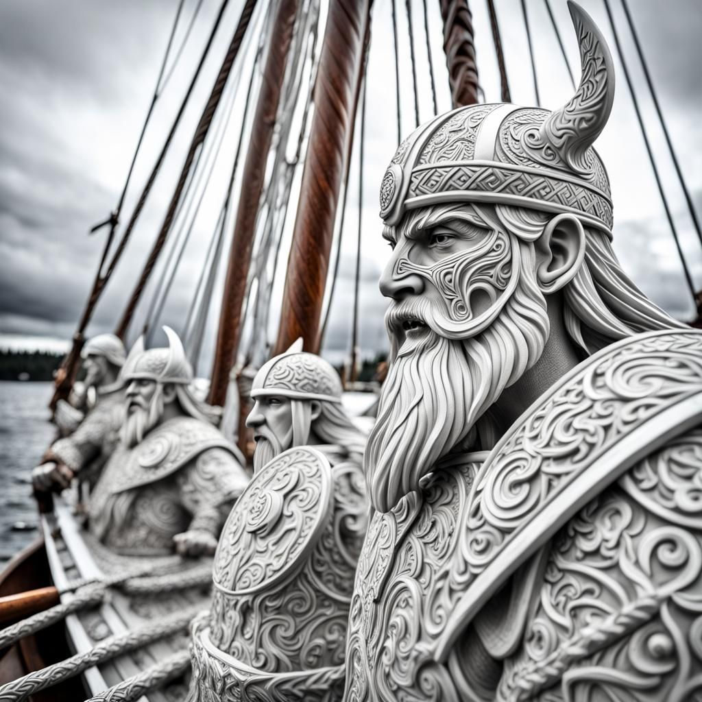 Hyperrealistic Viking Warrior Sculpture on Viking Boat