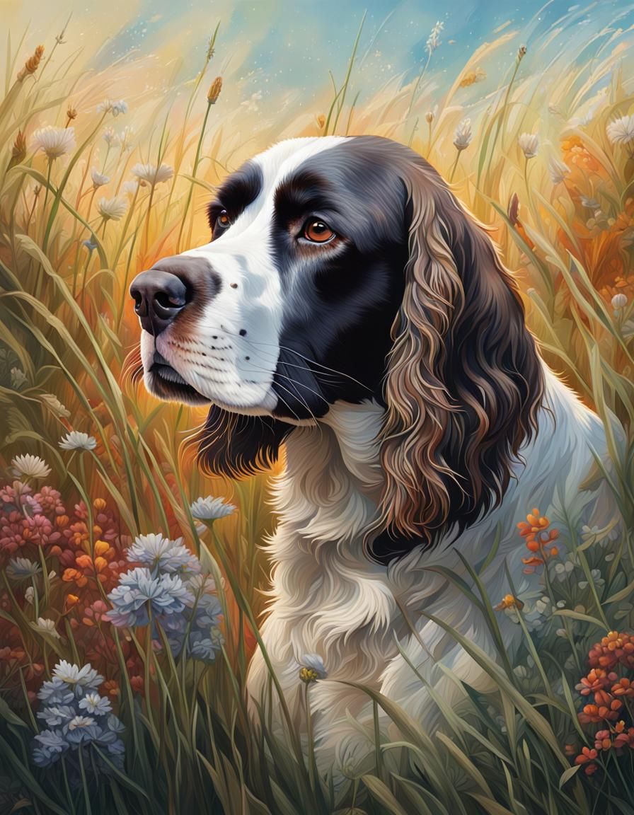 Detailed Portrait of English Springer Spaniel in Wildflowers