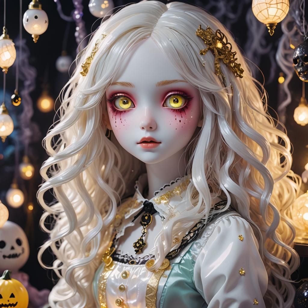 Kawaii Horror: Anime Porcelain Doll in Eerie Glow