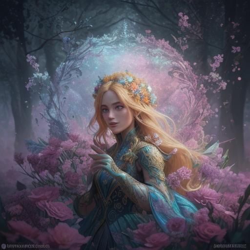 Blond Woman as Flowers in Forest: 3D Render