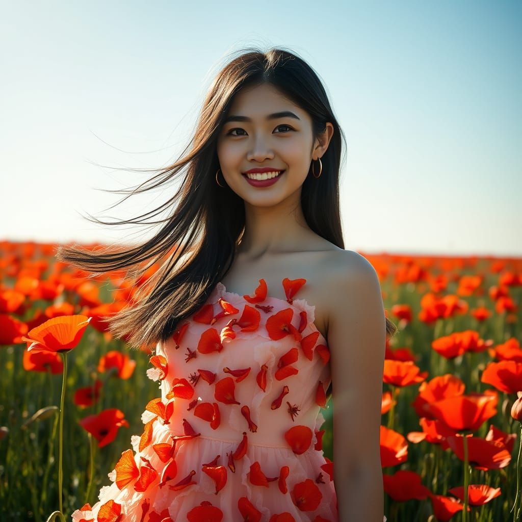 Beautiful Japanese Woman in Poppy Dress at Golden Hour