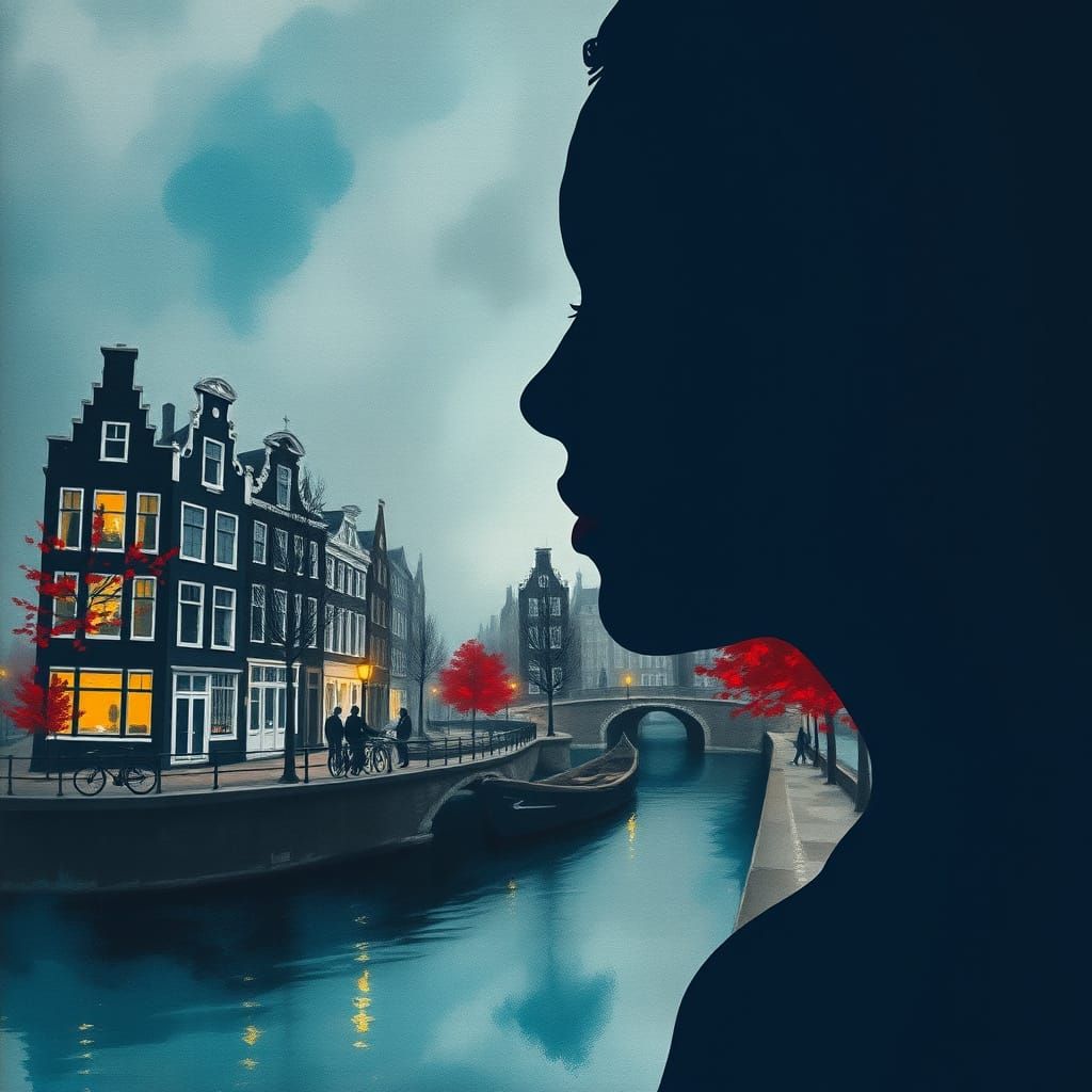 Silhouette with Amsterdam Canals in Rothko and Kahlo Style