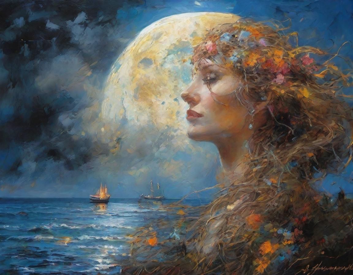 Halloween Moon Over Blue Sea: Fantasy Art