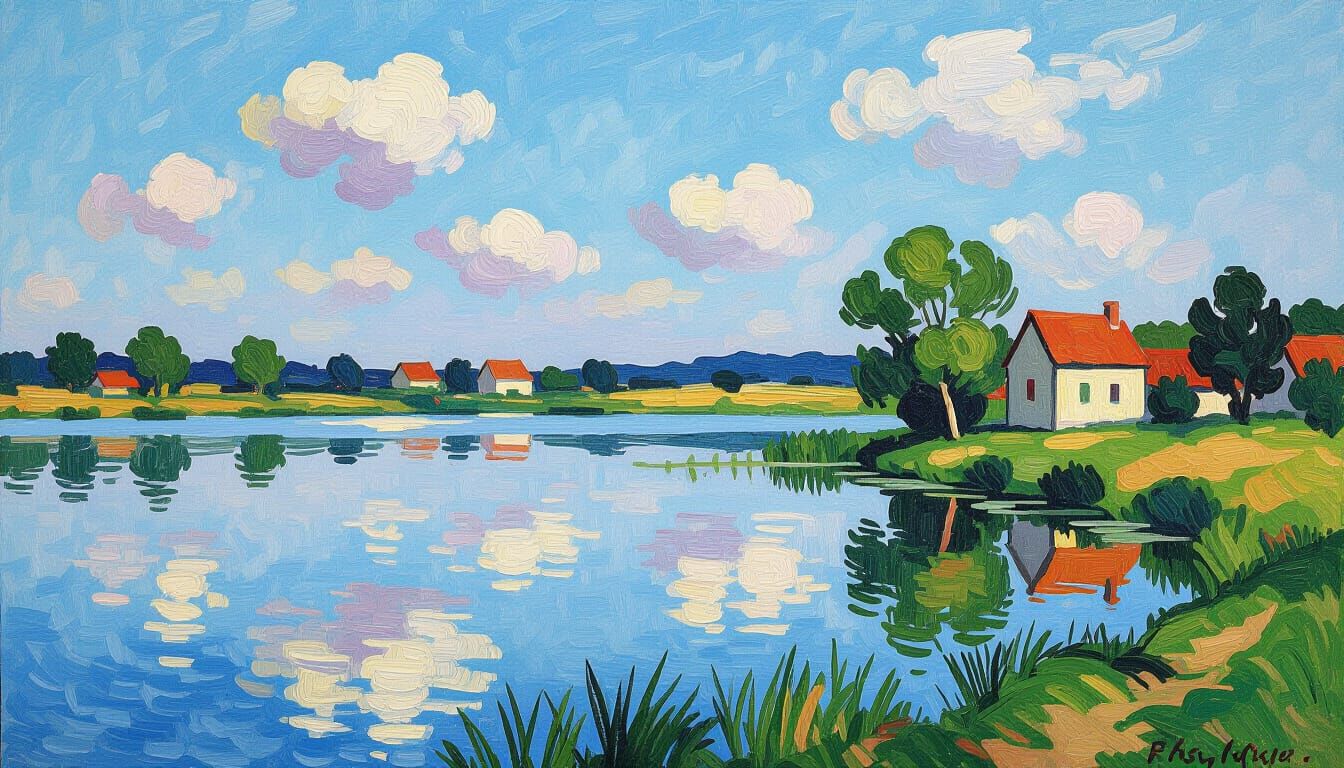 Impressionist Landscape with Vibrant Sky and Lush Forests