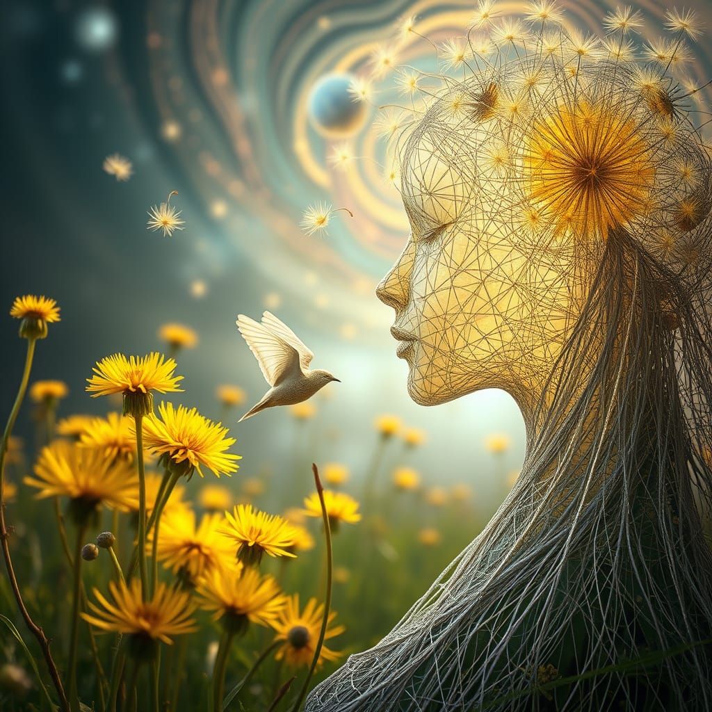 Ethereal Woman Made of Strings Kissing Bird