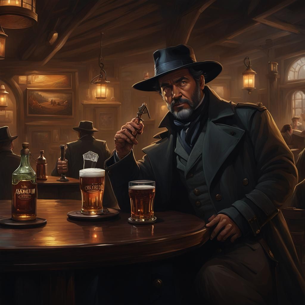 Man in Trenchcoat at Pub: Dark Fantasy Concept Art