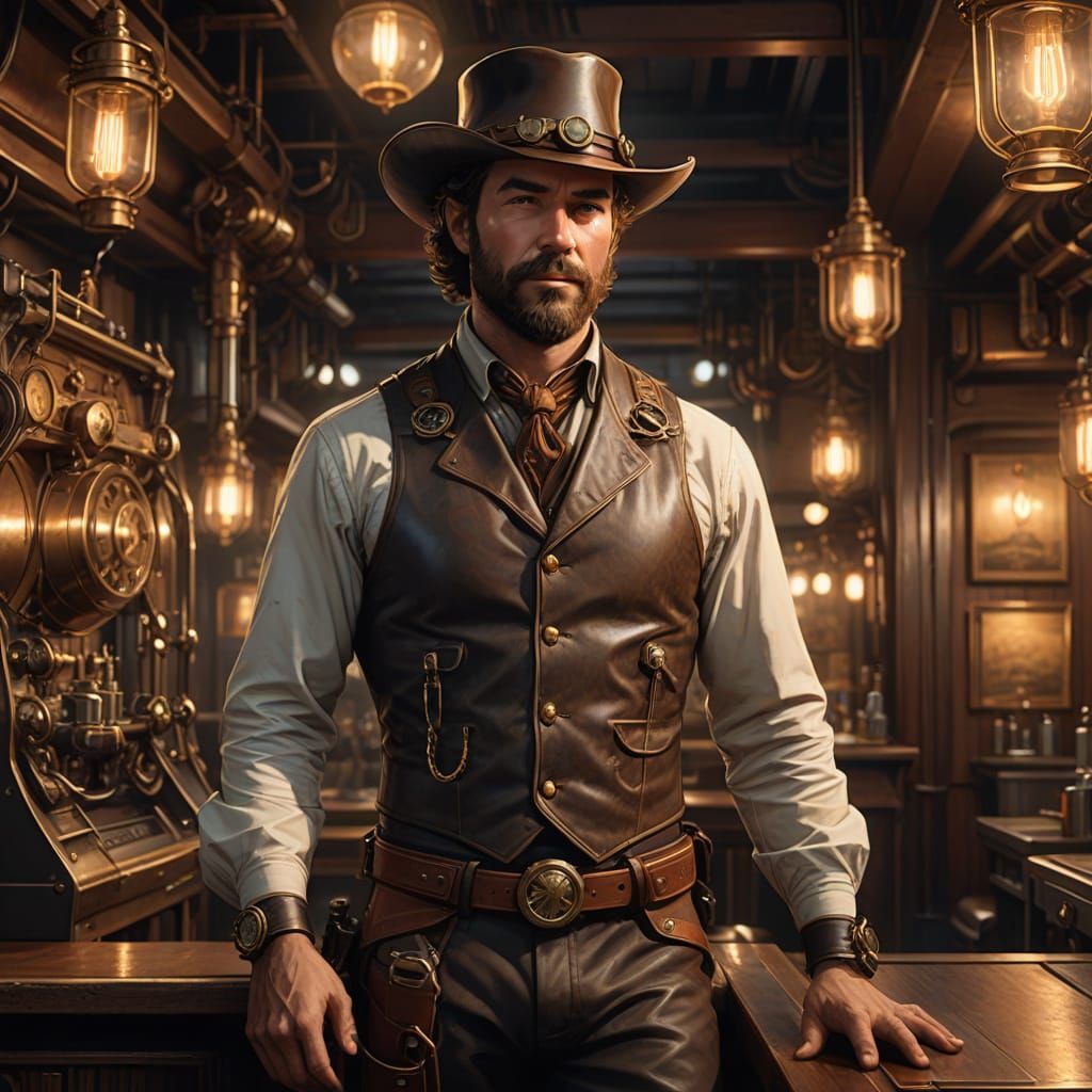 Steampunk Cowboy Portrait in Intricate Leather and Brass