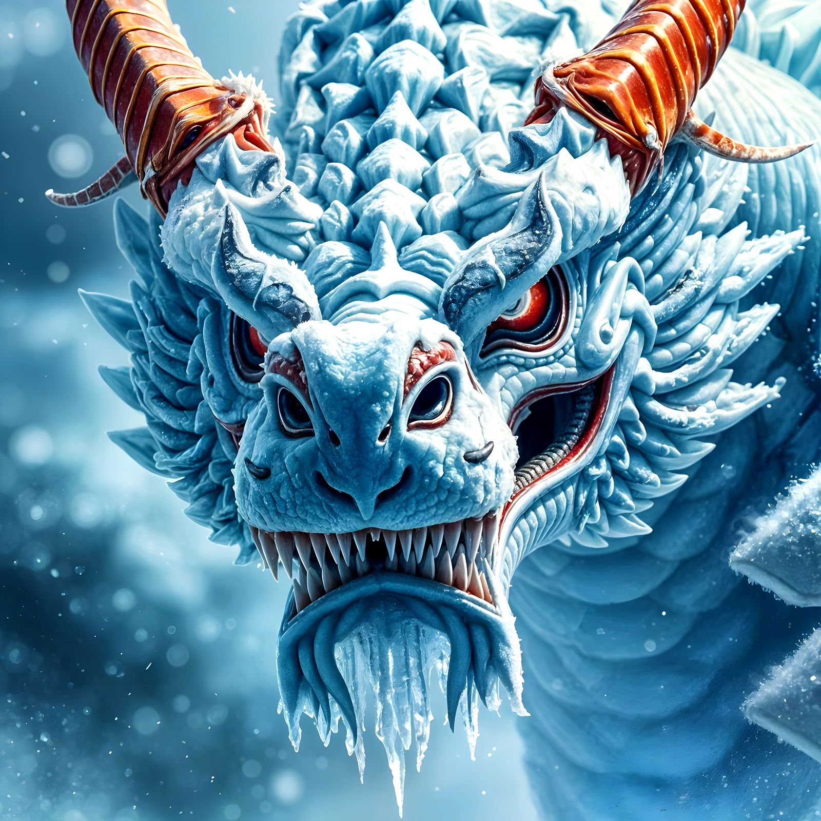 Hyper-Realistic Eastern Dragon Close-Up in Icy Splendor