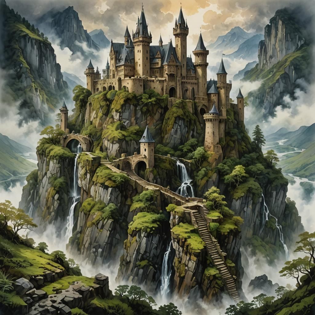 Ancient Castle Ruin on Mountain in Watercolor