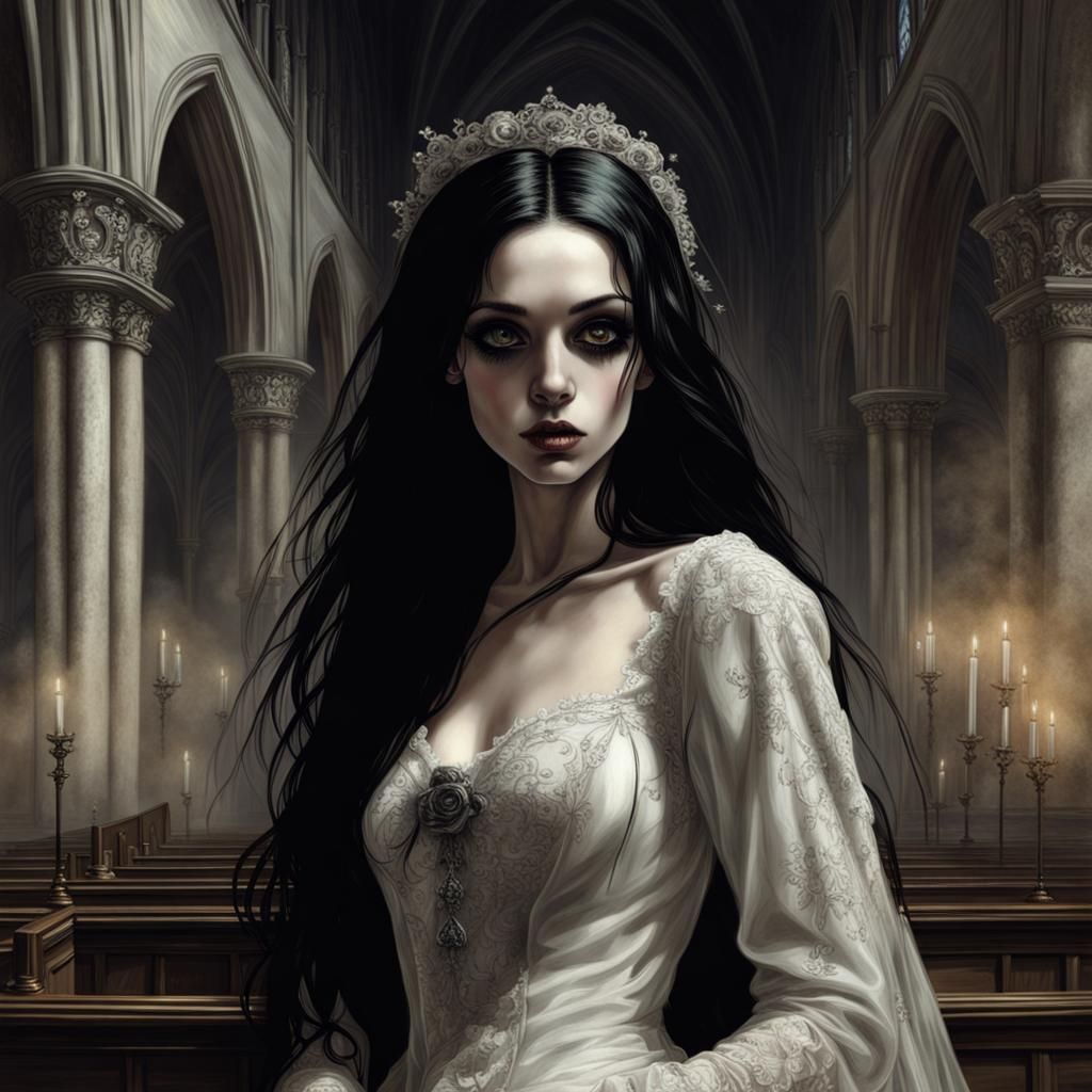 Gothic Bride in Church, Horror Art Style