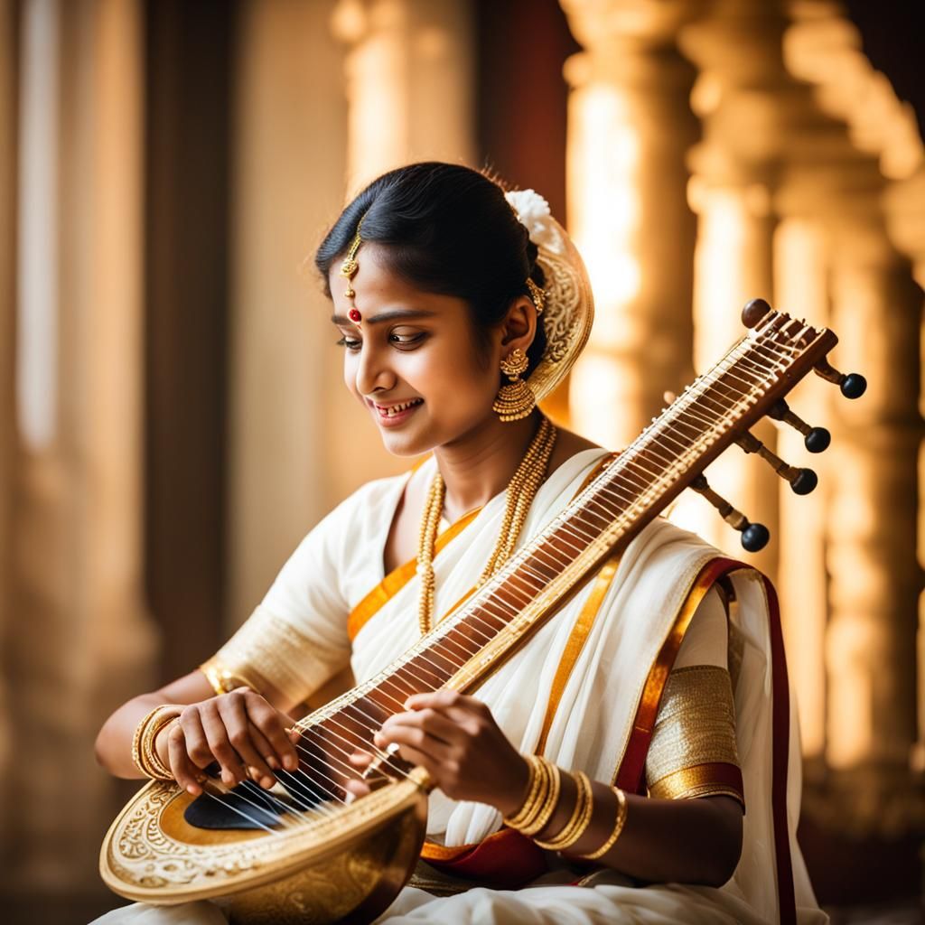 A girl wearing saree playing traditional veena instrument