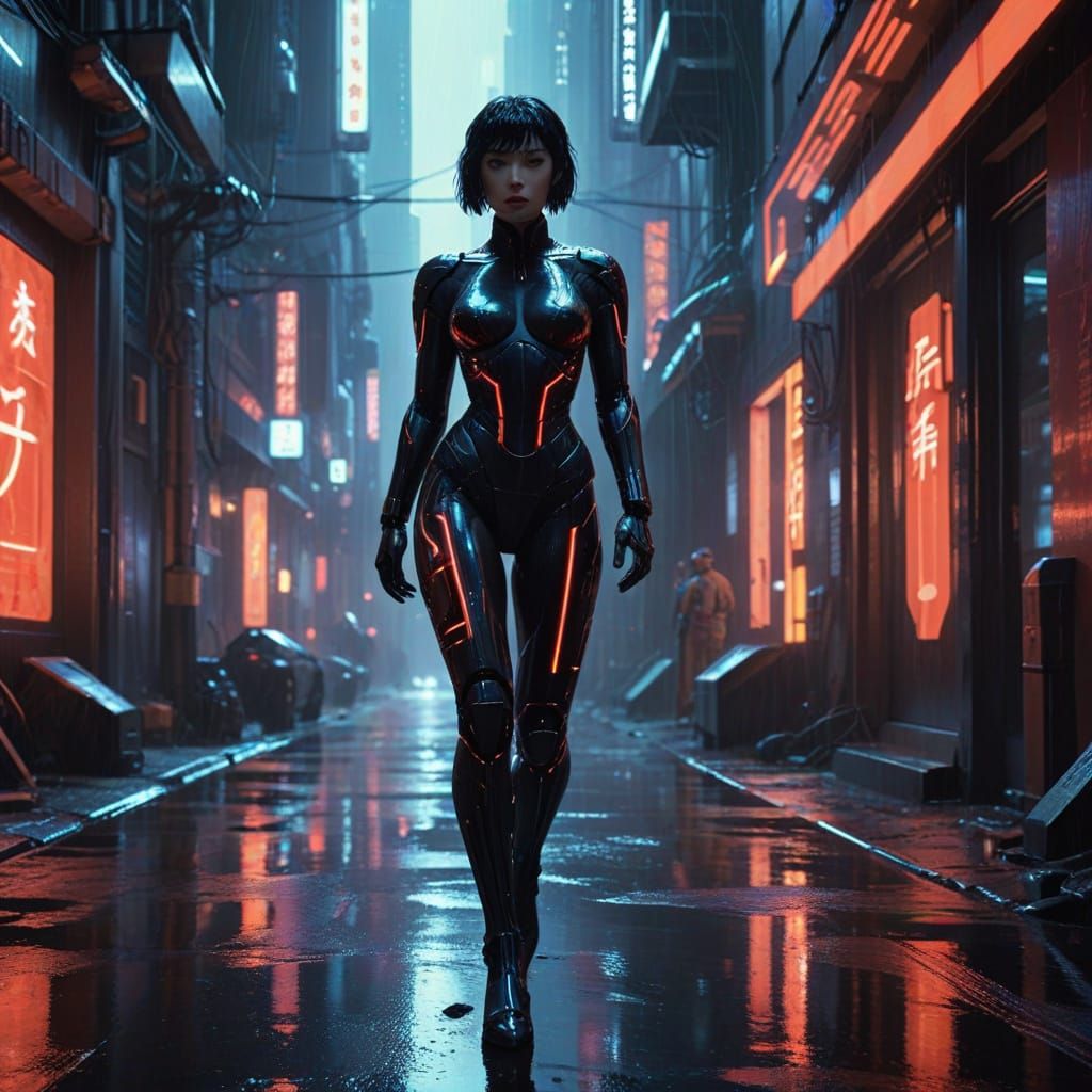 Cyberpunk Goddess Emerges from Rainy Alley in Neon Noir Exos...