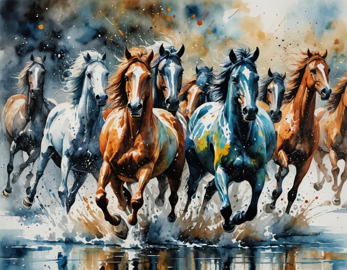 Horses Running: Watercolor Splatter Abstract Expressionism