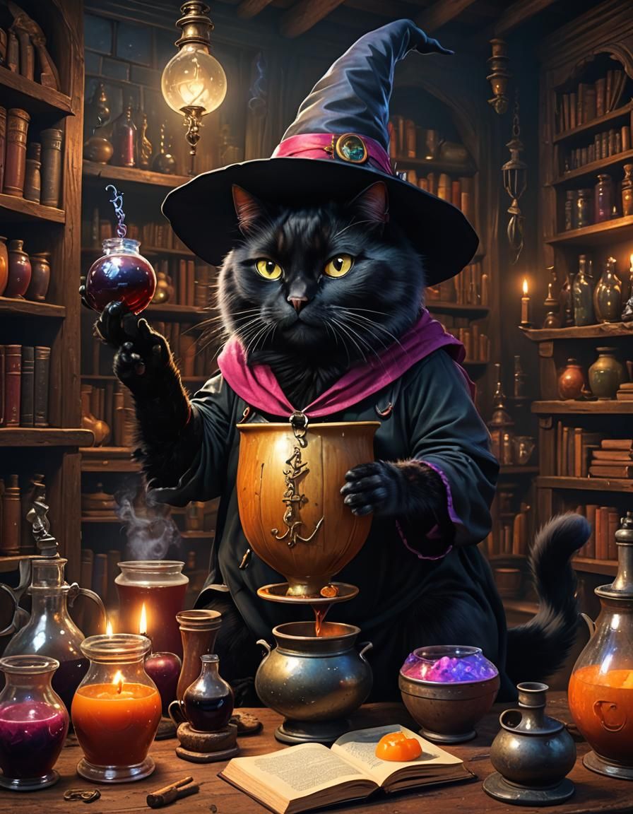 Anthropomorphic Black Cat Witch Making Potion