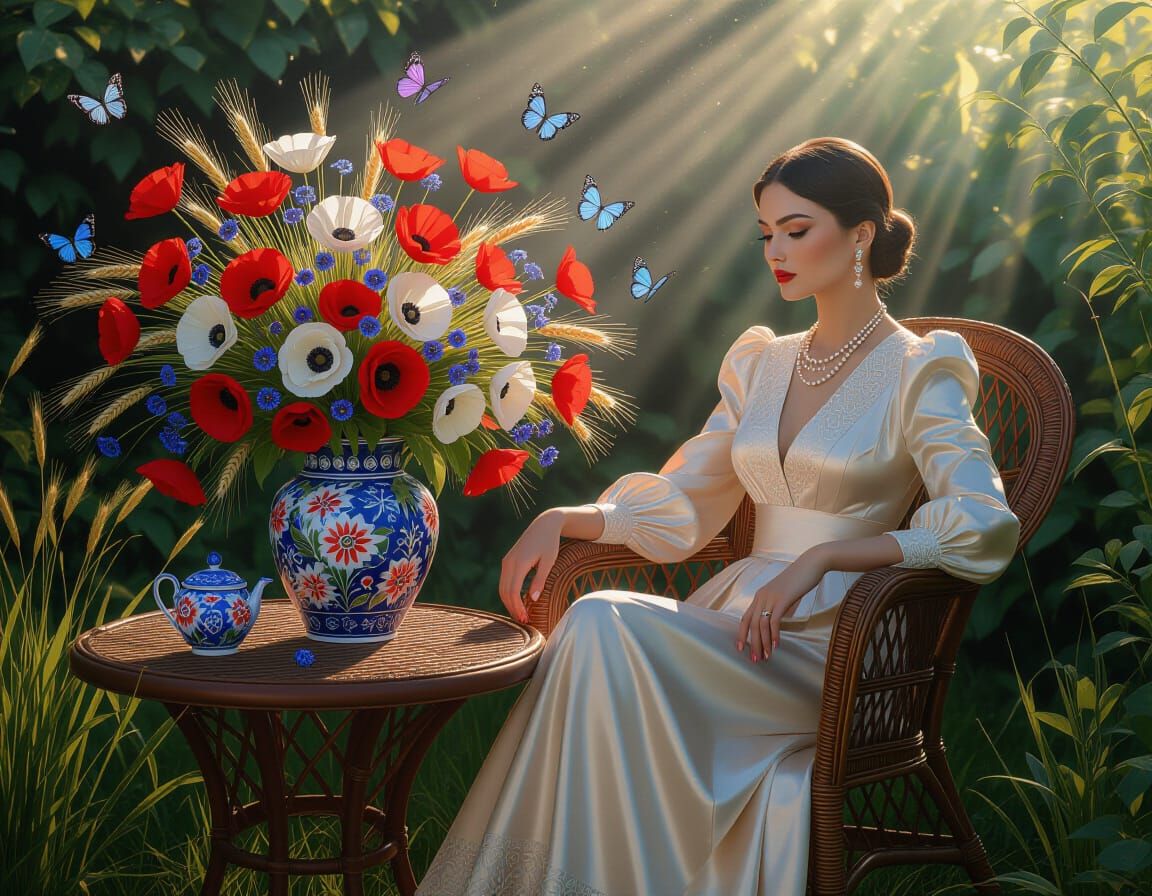 Woman in Garden with Zhostovo Vase, Digital Painting