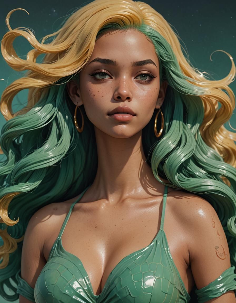 (Light Butterscotch skin:1.5) voluptuous+thickness mermaid. Deep candy green hair.
Rebecca Sugar/Francisco Goya/ Jim Le...
