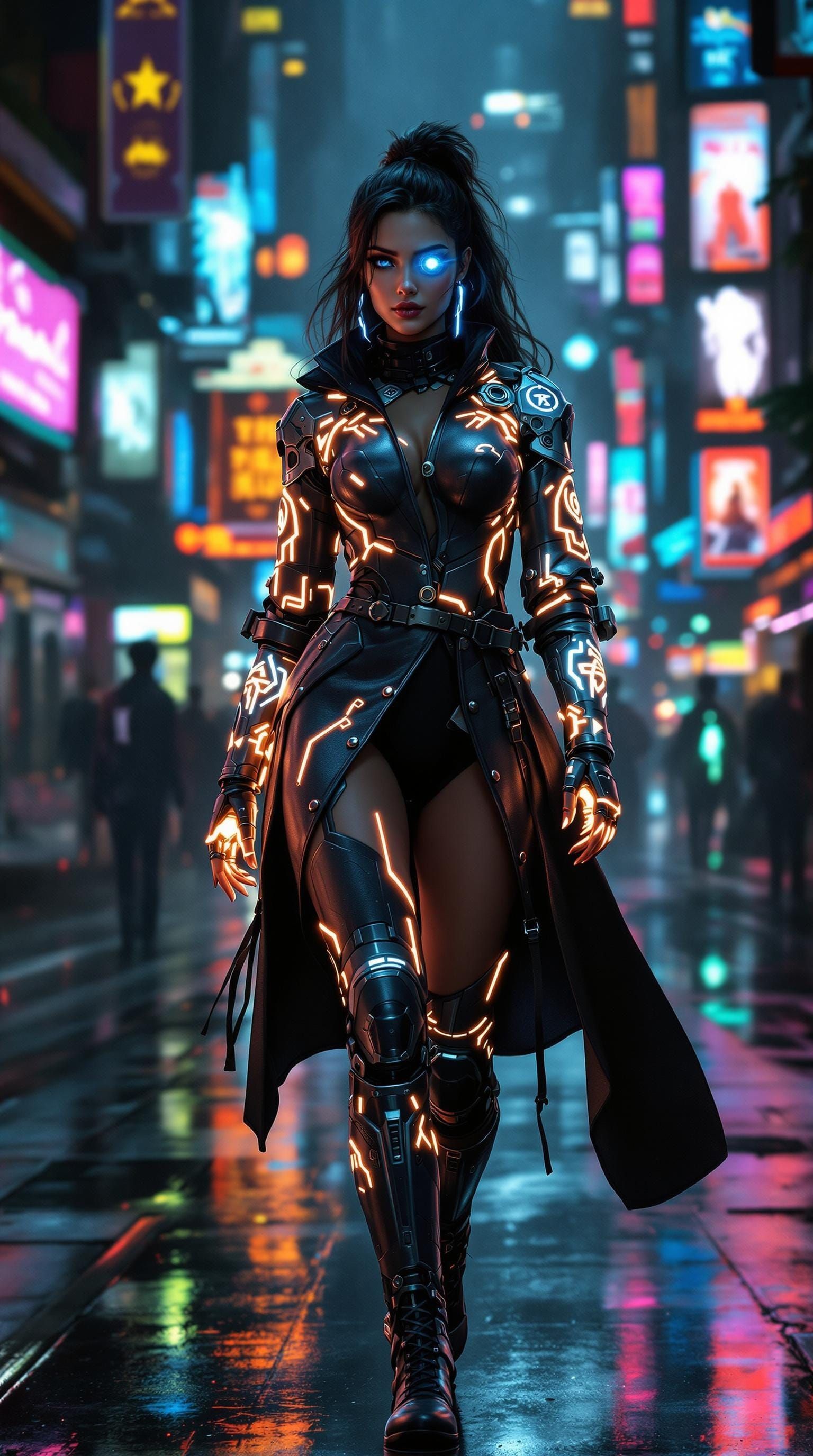 Cybernetic Woman in Neon Cityscape