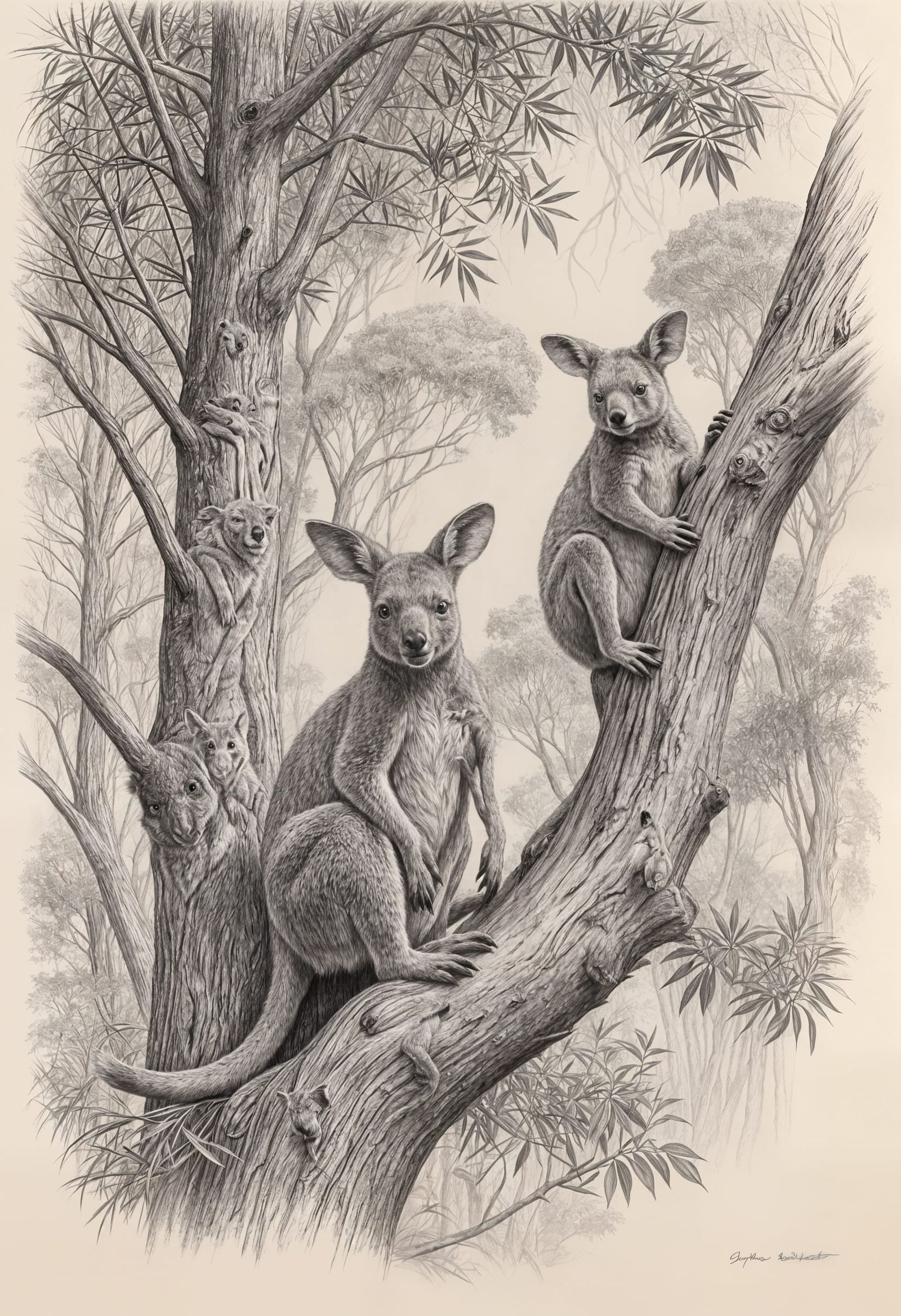 Kangaroo and Koala Outback Sketch in Pencil and Ink