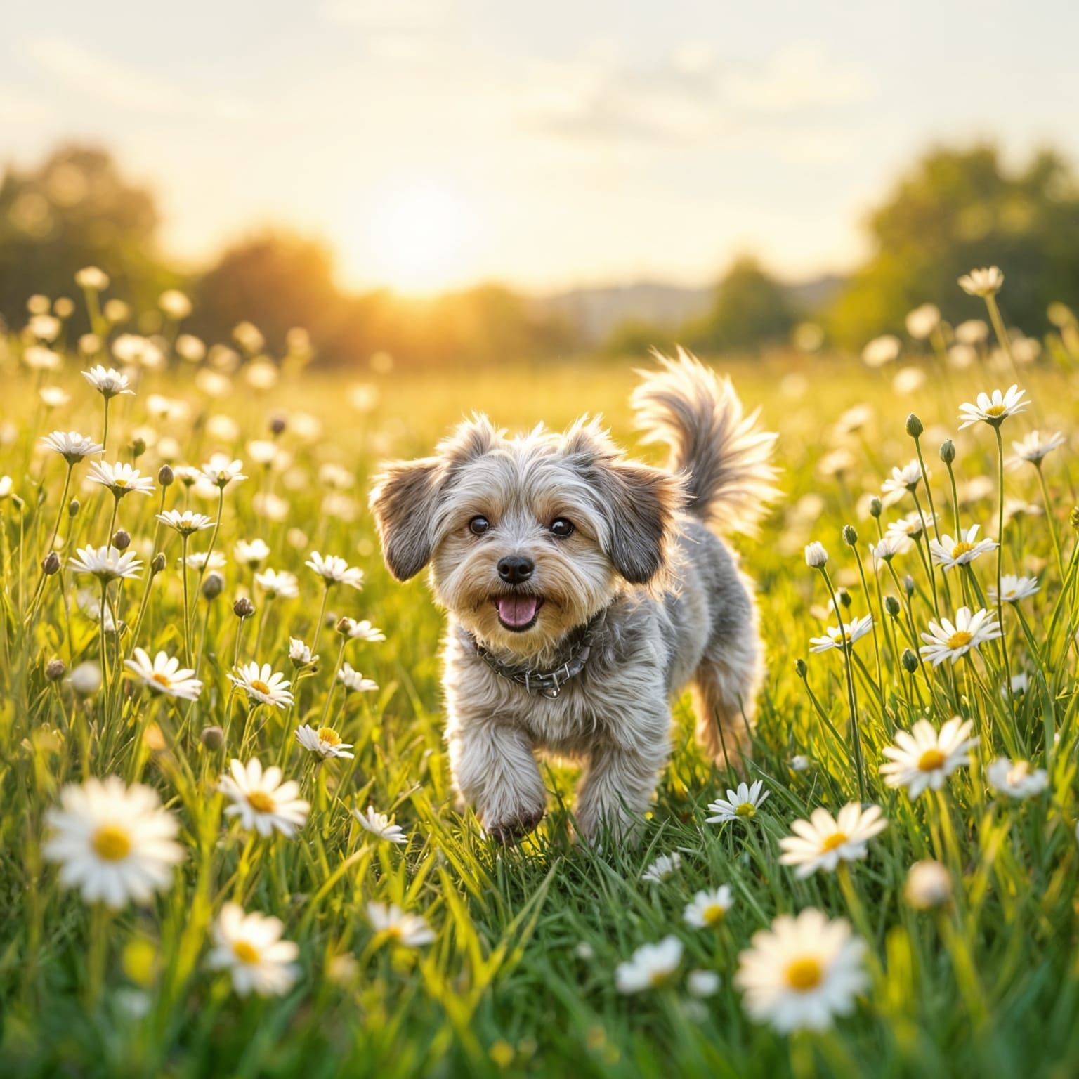 Little Gray Dog in Daisy Field on Sunny Day
