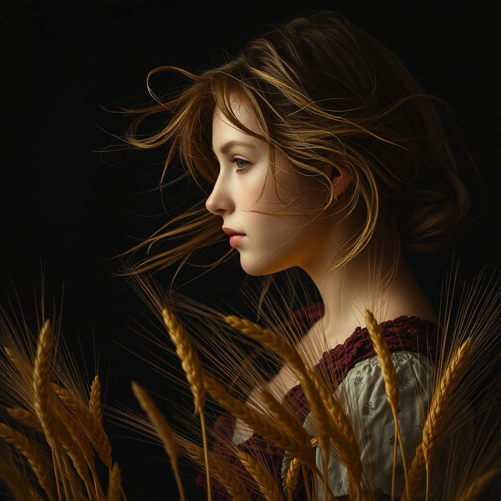 Windswept Farm Maiden Harvesting Wheat, Glowing Digital Art
