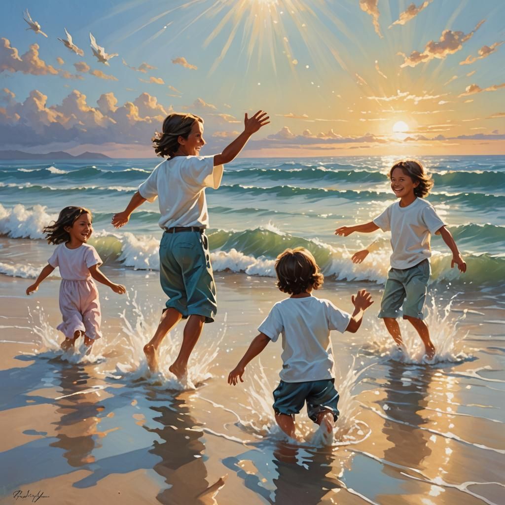 Jesus Playing with Children on Beach as 3D Render