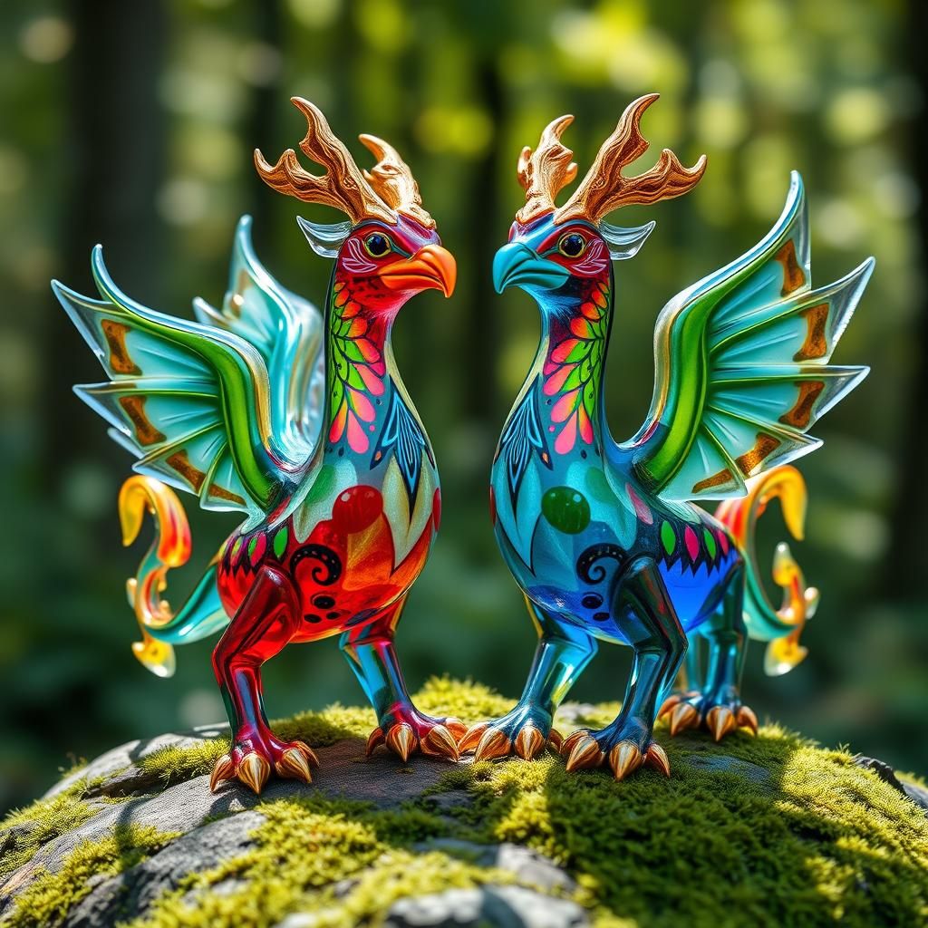 Neon Gryphon Alebrijes in Blown Glass