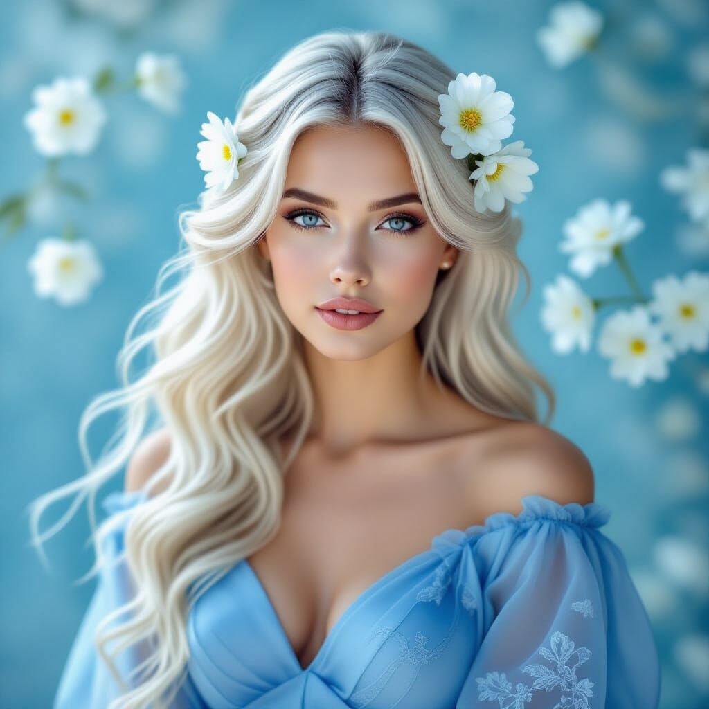 Ethereal Portrait of Woman with White and Blue Hair