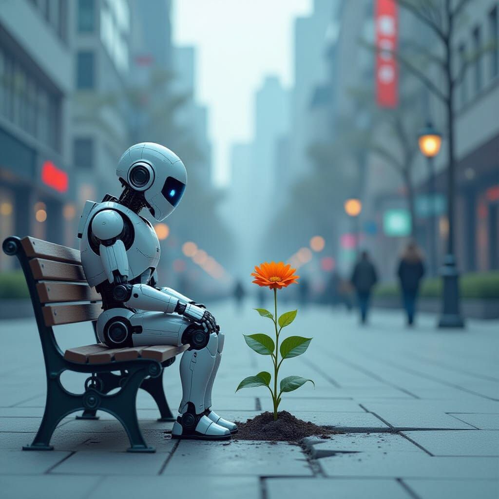Robot Contemplates Flower in Futuristic City Square