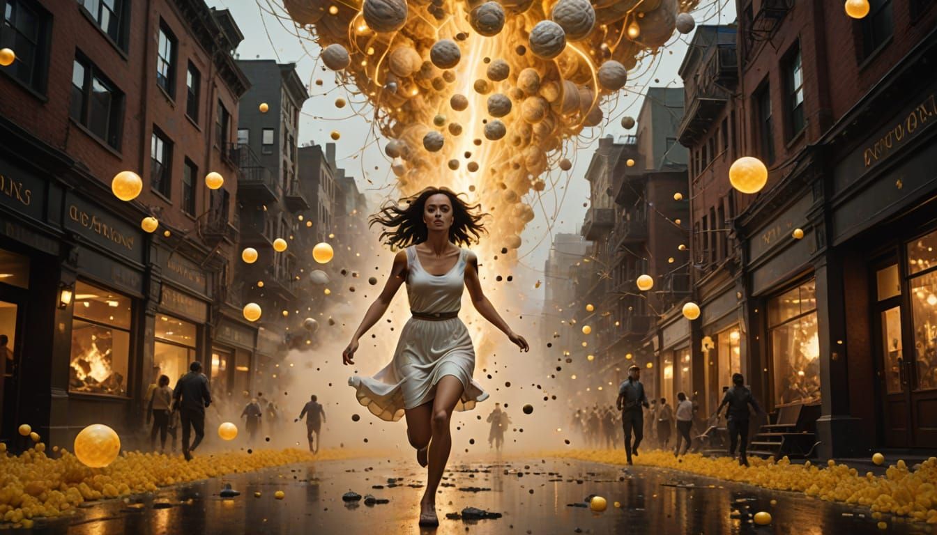 Woman Runs in Exploding City: Hyperdetailed 8K Scene