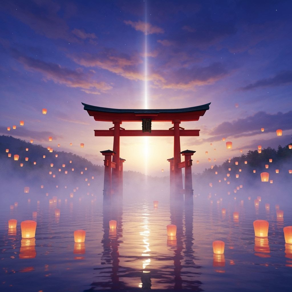 Mystical Red Torii Gate in Misty Twilight Waters