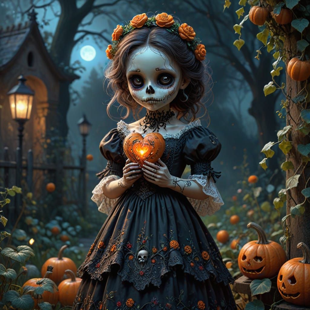 Chibi Girl in Victorian Gown with Heart, Moonlit Garden