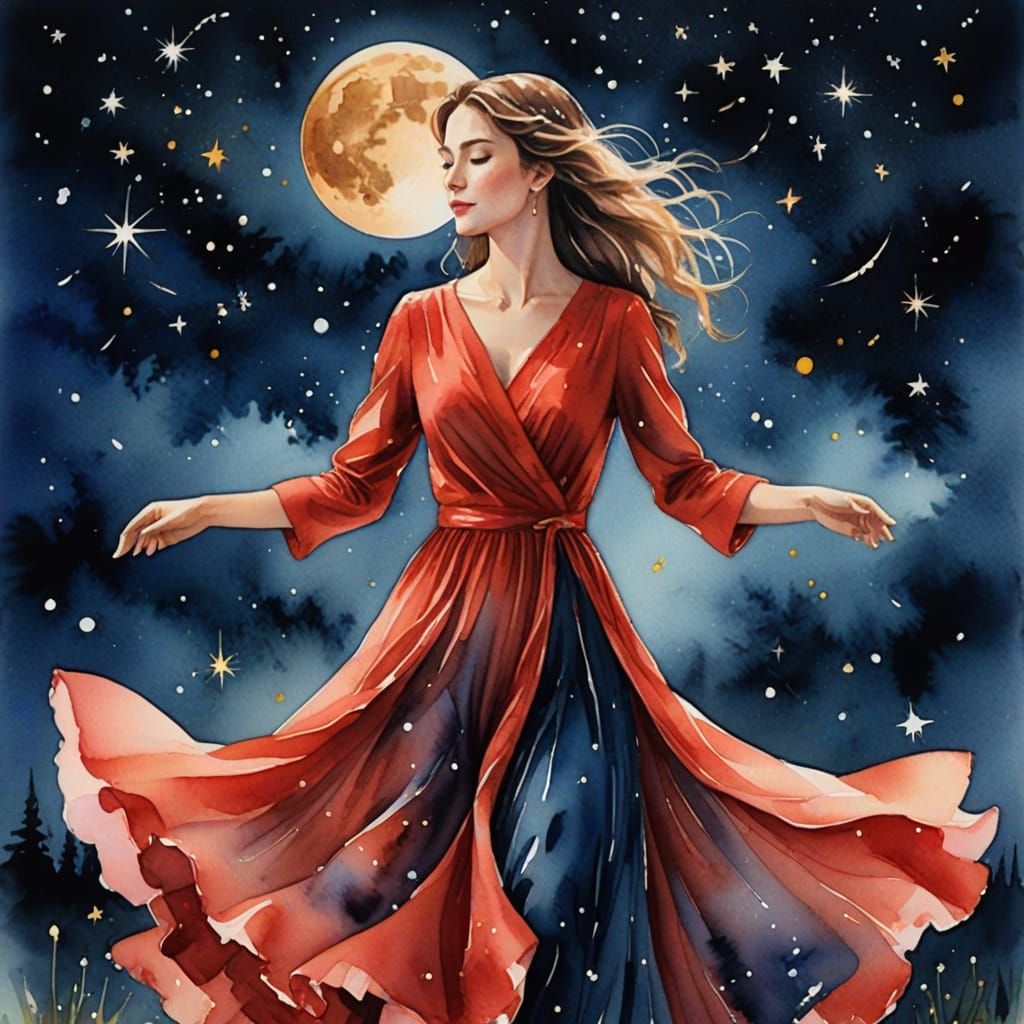 Ethereal Woman Dancing Under Starry Night Sky in Watercolor ...