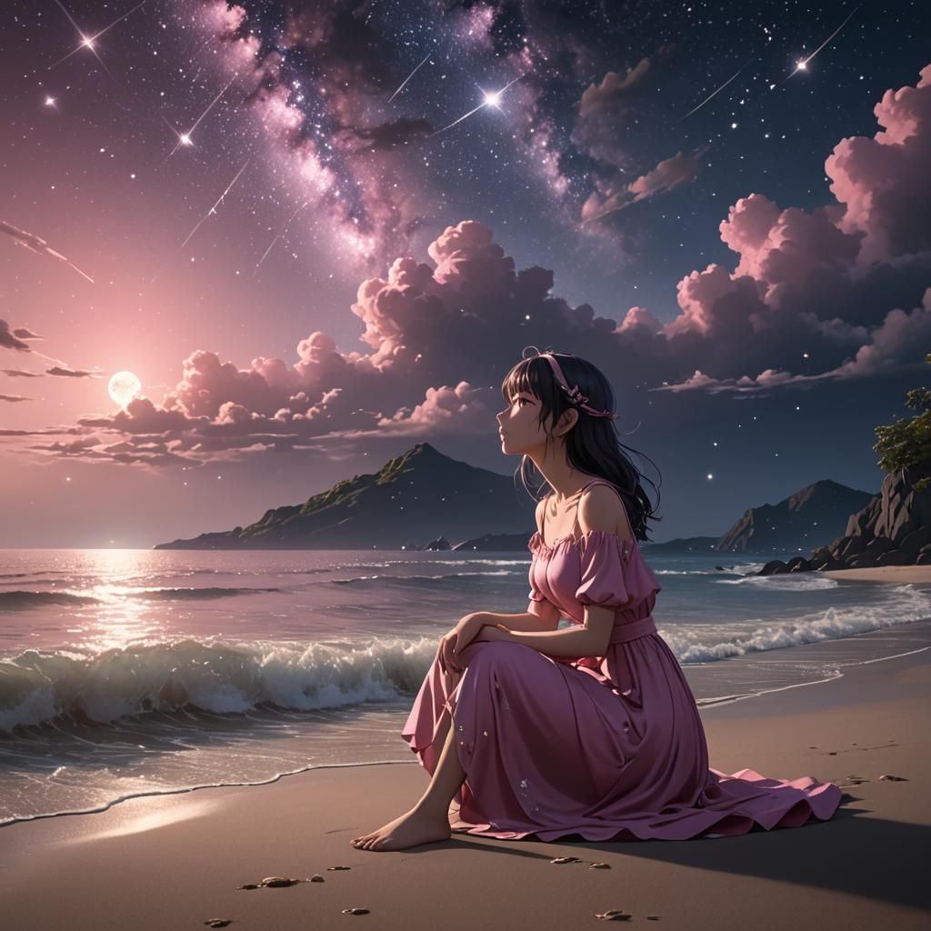 Anime Girl Stargazing on Beach: Detailed Matte Painting