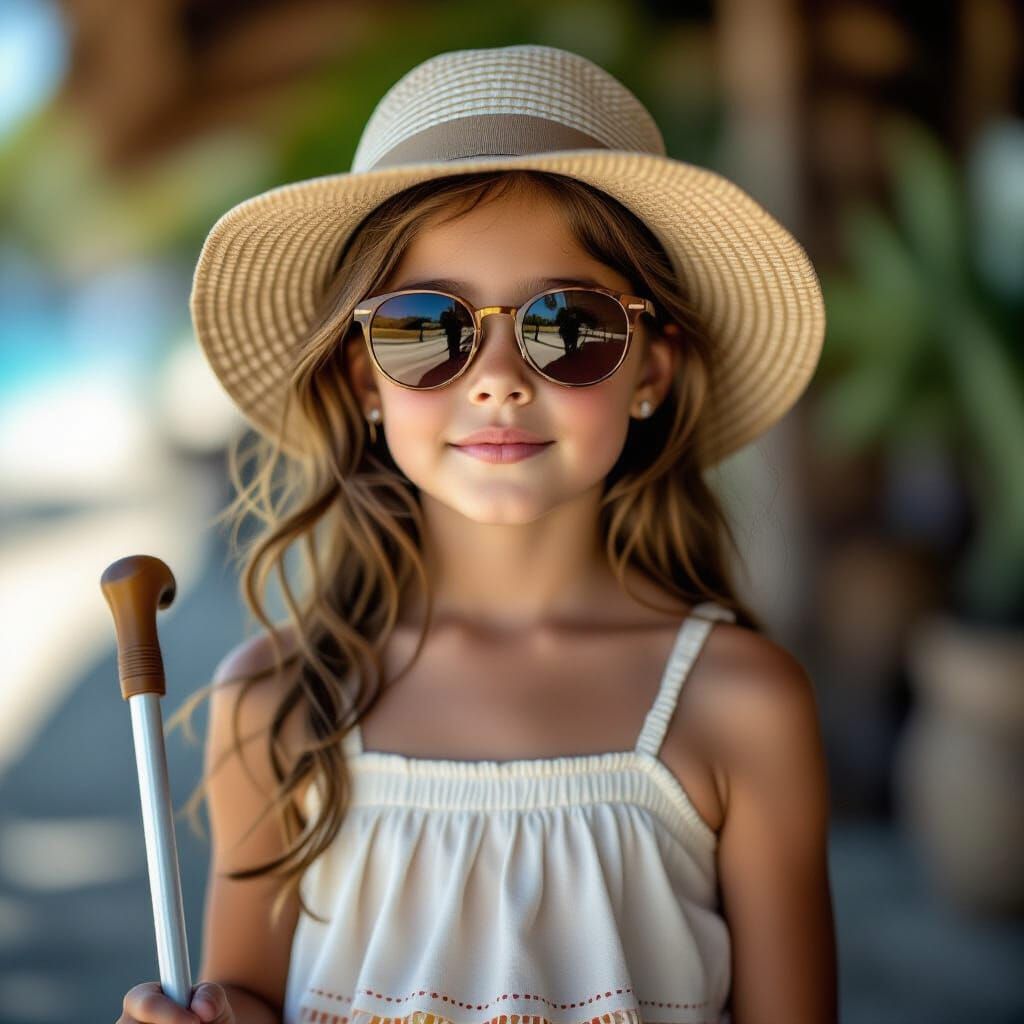Blind Girl in Sunhat and Sunglasses, Holding Cane