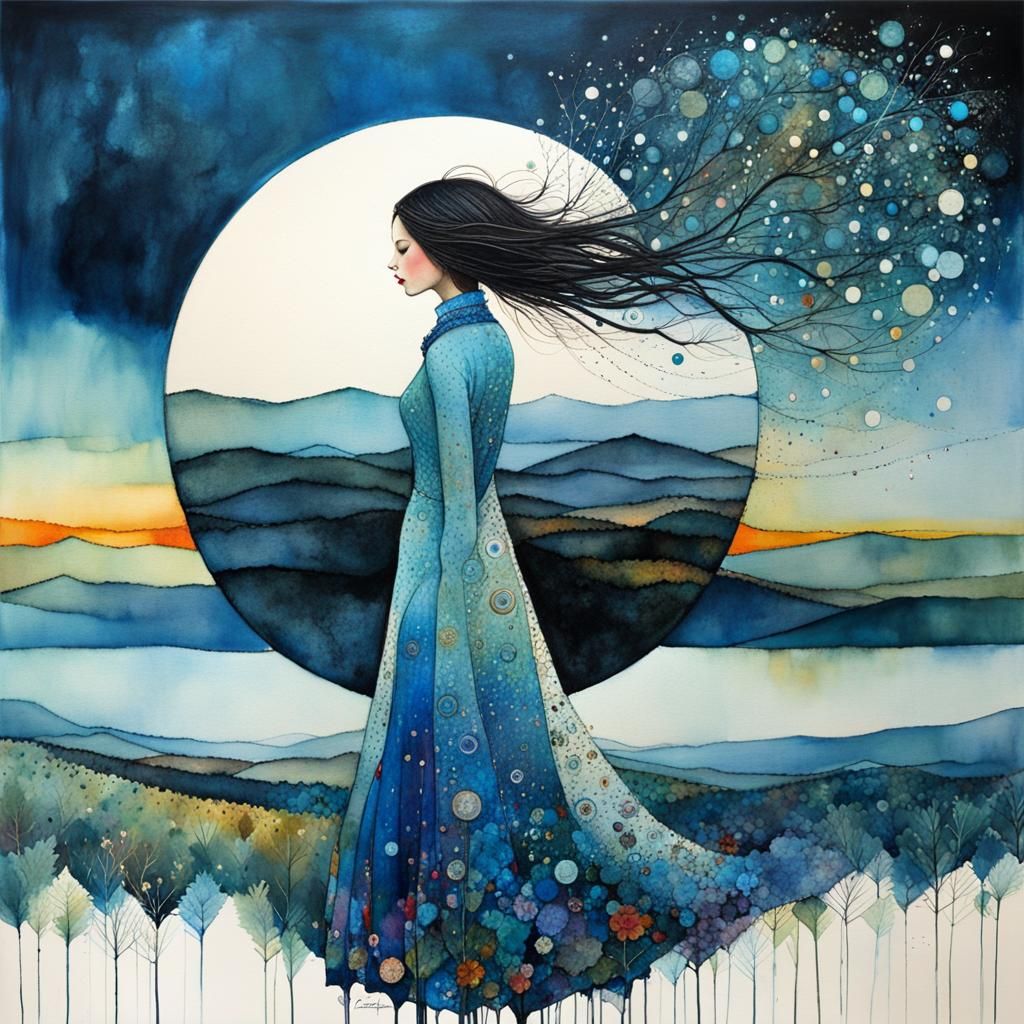 Girl on Windy Hill: Liquid Ink Watercolor Illustration