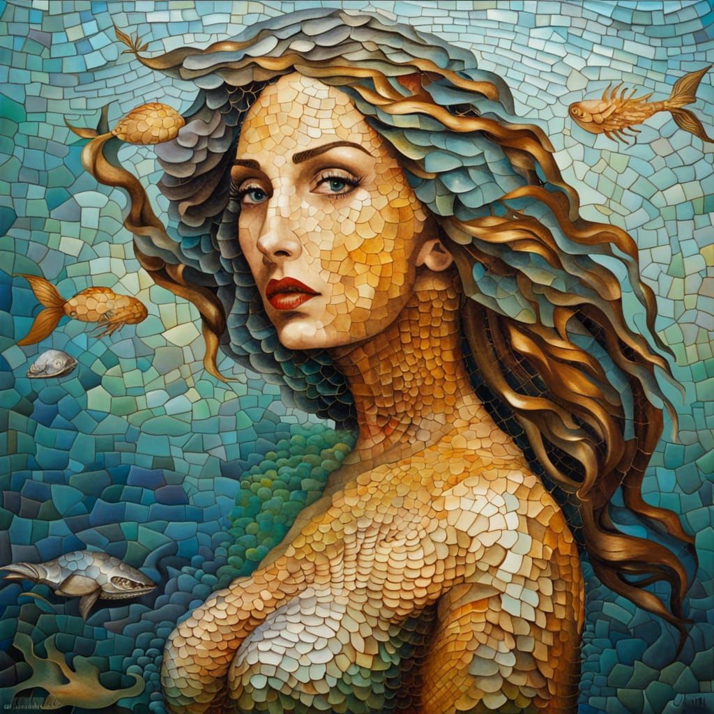 Surreal Mermaid in Raphael Mosaic Style