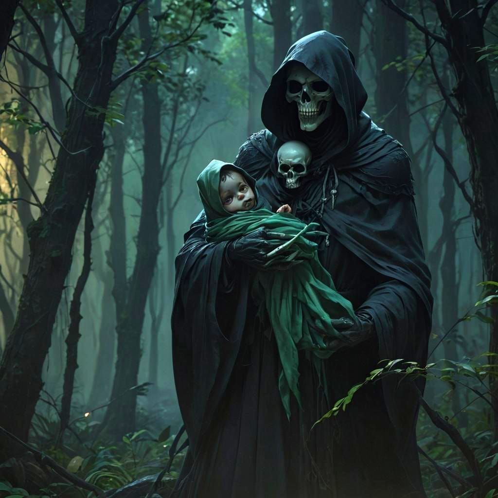 Grim Reaper Holding Baby in 3D Anime Art