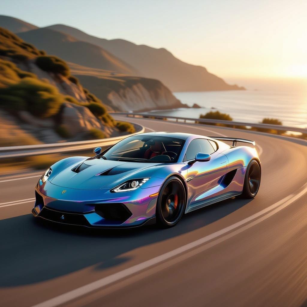 Futuristic Chameleon Sports Car on Coastal Road