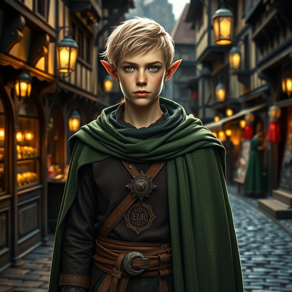Photorealistic Half-Elf Mage in Green Cloak