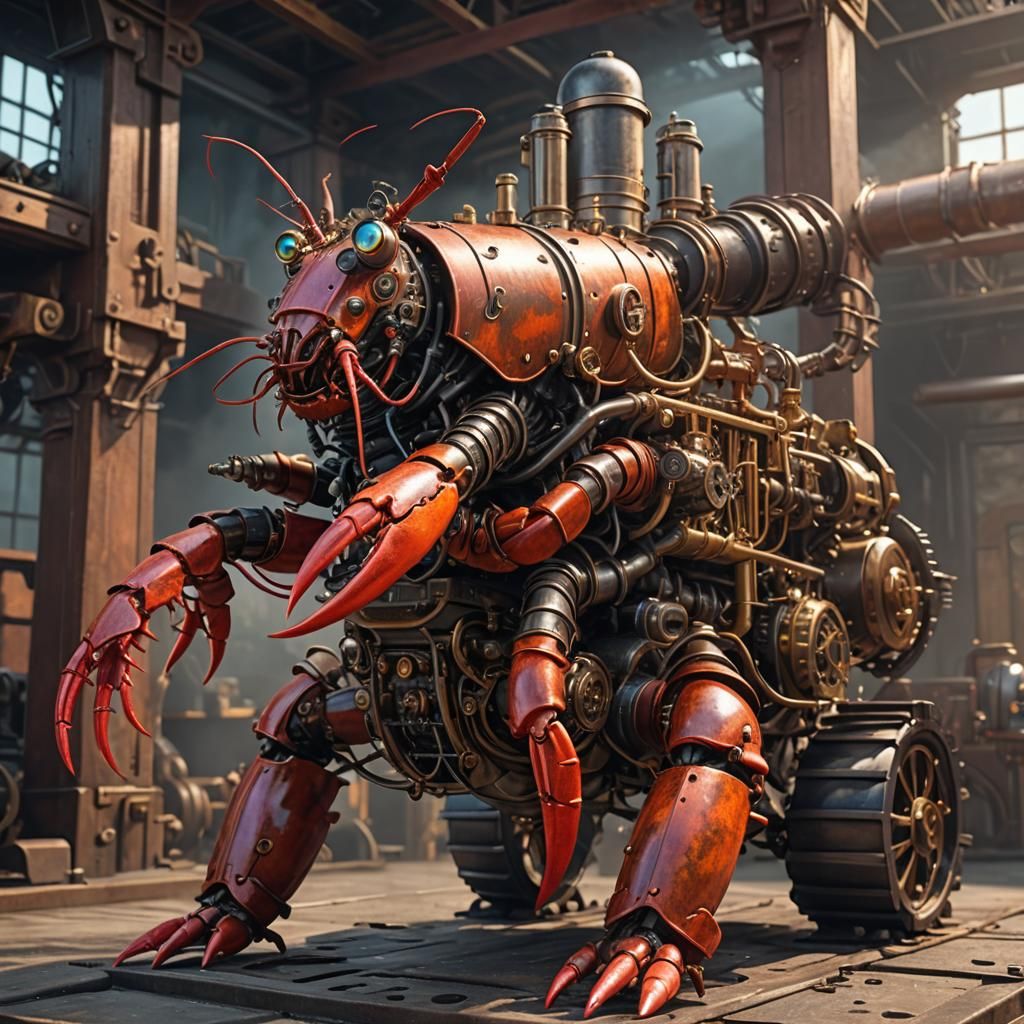 Steampunk Lobster Automaton with Railgun, Vivid Steampunk Ar...