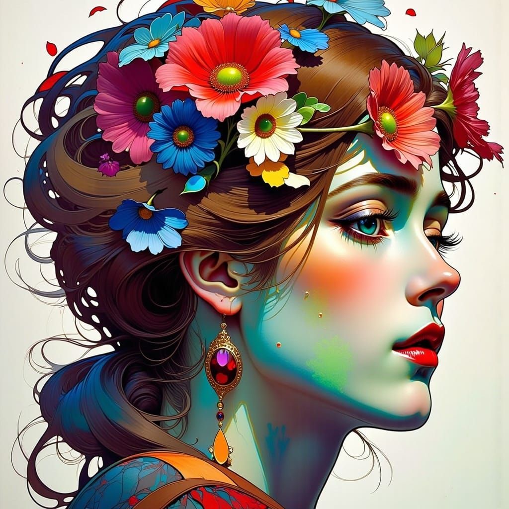 Ink Splatter Portrait of Beautiful Woman in Art Nouveau Styl...