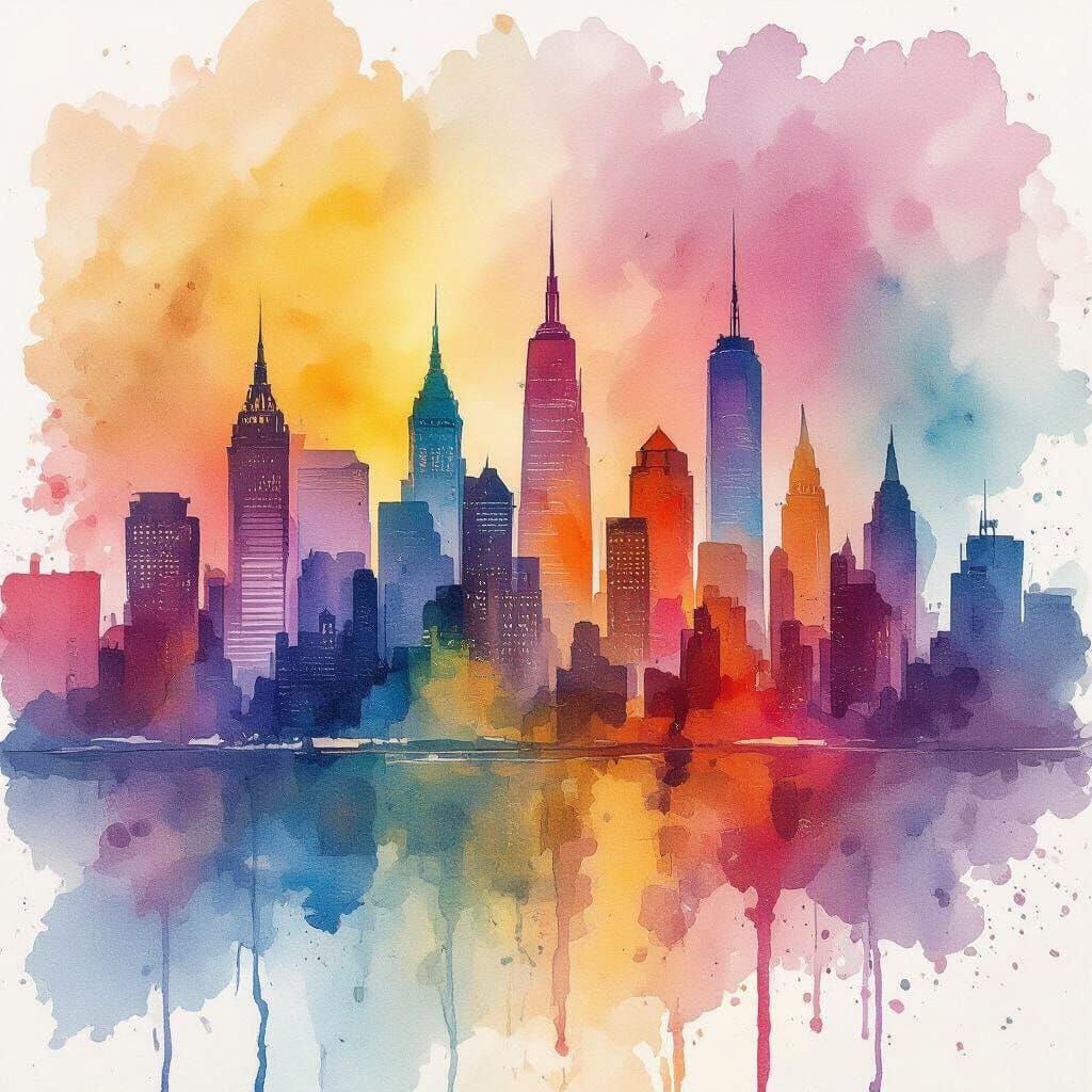 Vibrant Watercolor City Skyline Splash in Expressive Style
